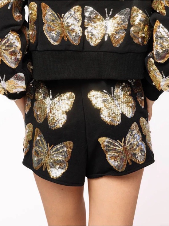 QUEEN OF SPARKLES Pants - QUEEN OF SPARKLES Black High-Waist Sequin Butterfly Shorts